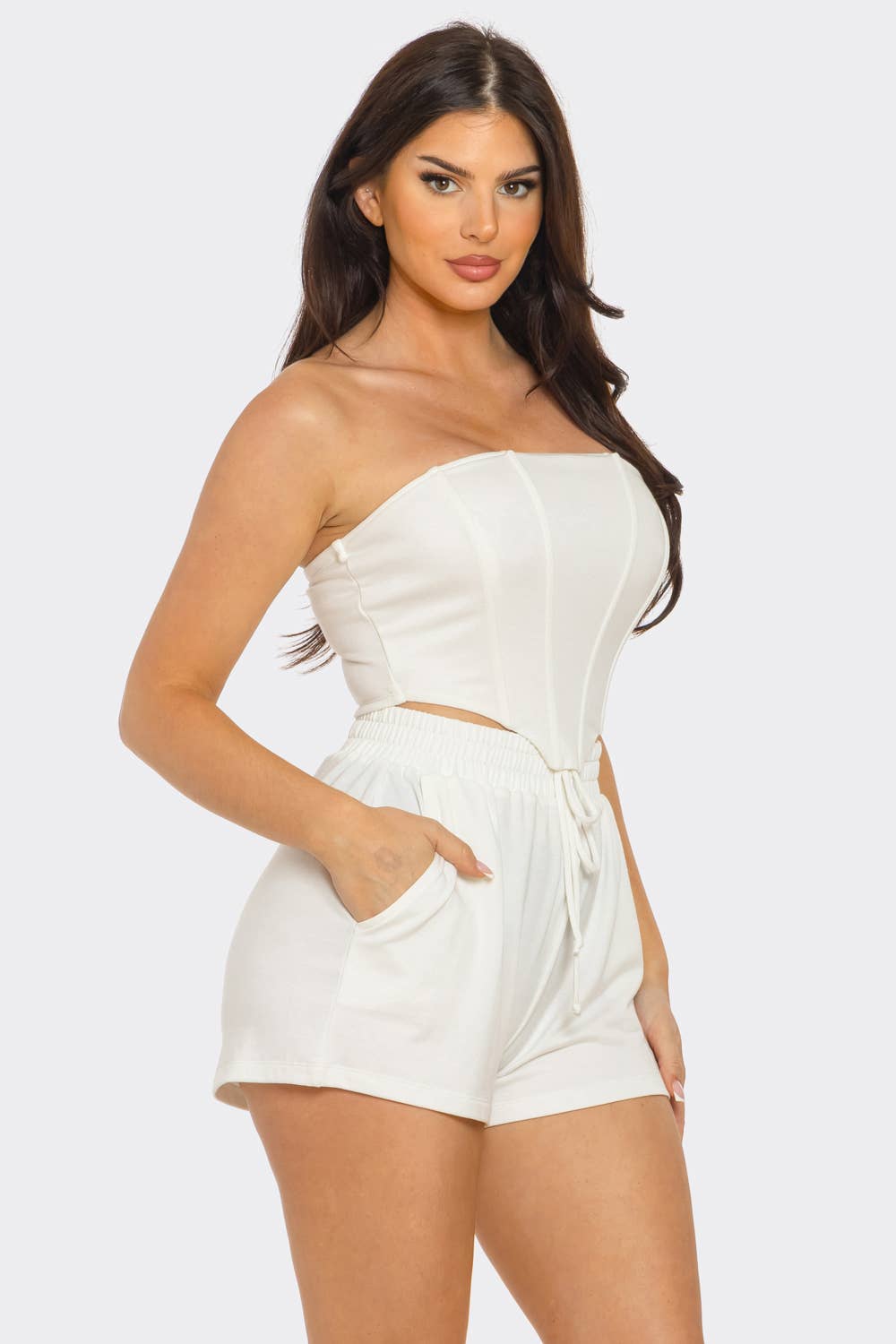 Boned Bodice Corset Style Tube Top And Shorts Set: Blue / 2-2-2 (S-M-L)