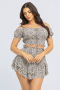 Floral Print Elastic Shirring Top And Skirt Set : Ivory / 2-2-2 (S-M-L