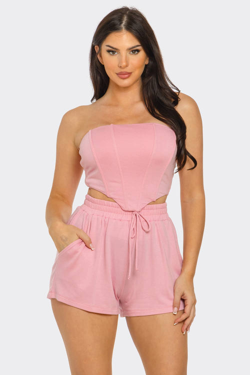 Boned Bodice Corset Style Tube Top And Shorts Set: Blue / 2-2-2 (S-M-L)