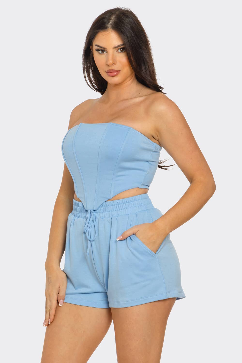 Boned Bodice Corset Style Tube Top And Shorts Set: Lt Pink / 2-2-2 (S-M-L)