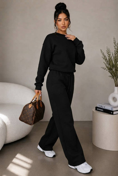 Black Wide-Leg Sweatshirt & Sweatpants Lounge Set