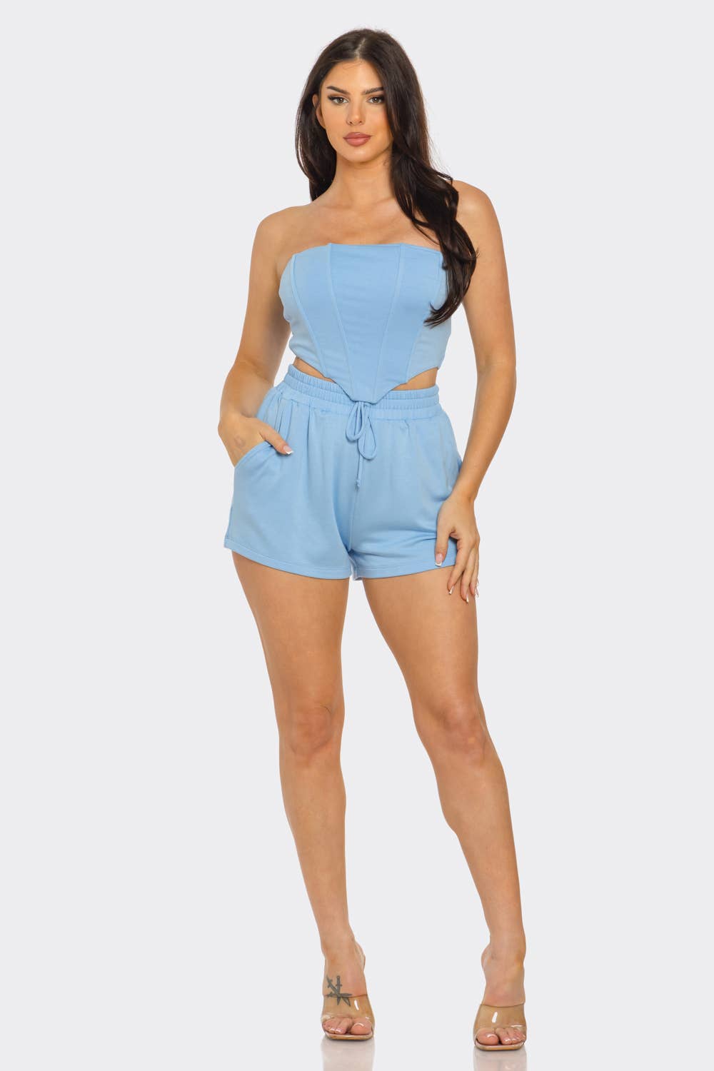 Boned Bodice Corset Style Tube Top And Shorts Set: Blue / 2-2-2 (S-M-L)