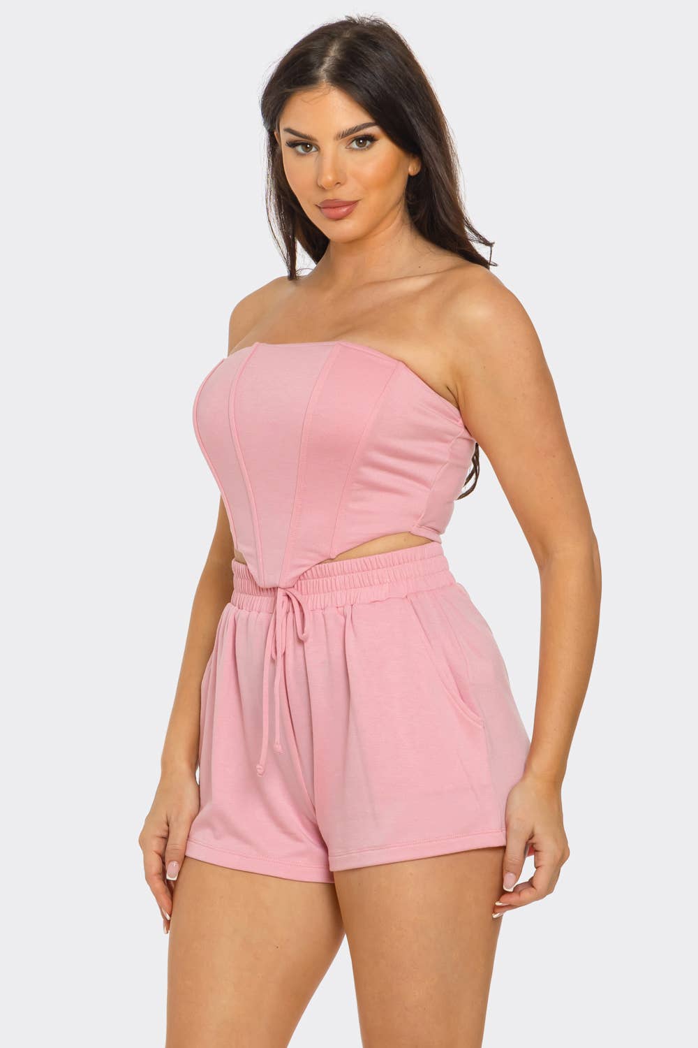 Boned Bodice Corset Style Tube Top And Shorts Set: Blue / 2-2-2 (S-M-L)
