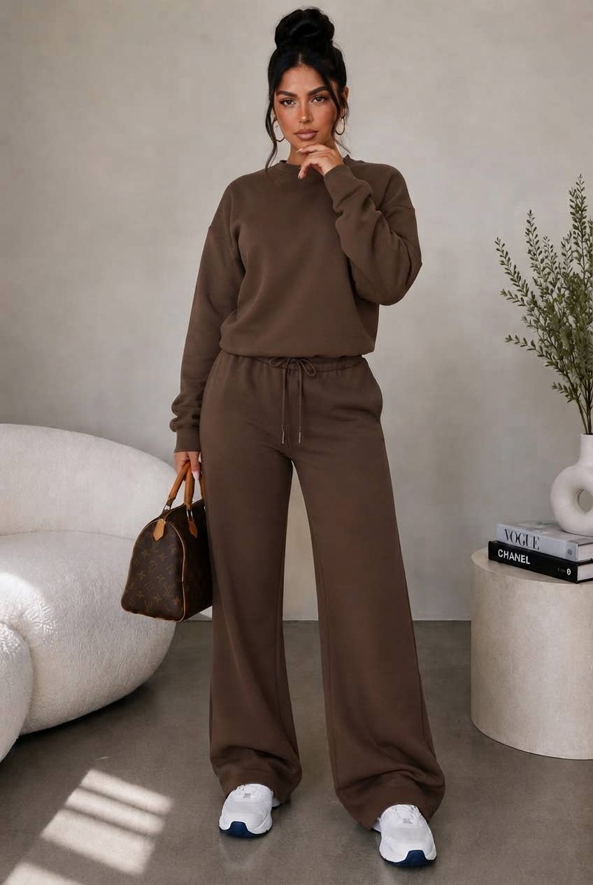 Brown Wide-Leg Sweatshirt & Sweatpants Lounge Set
