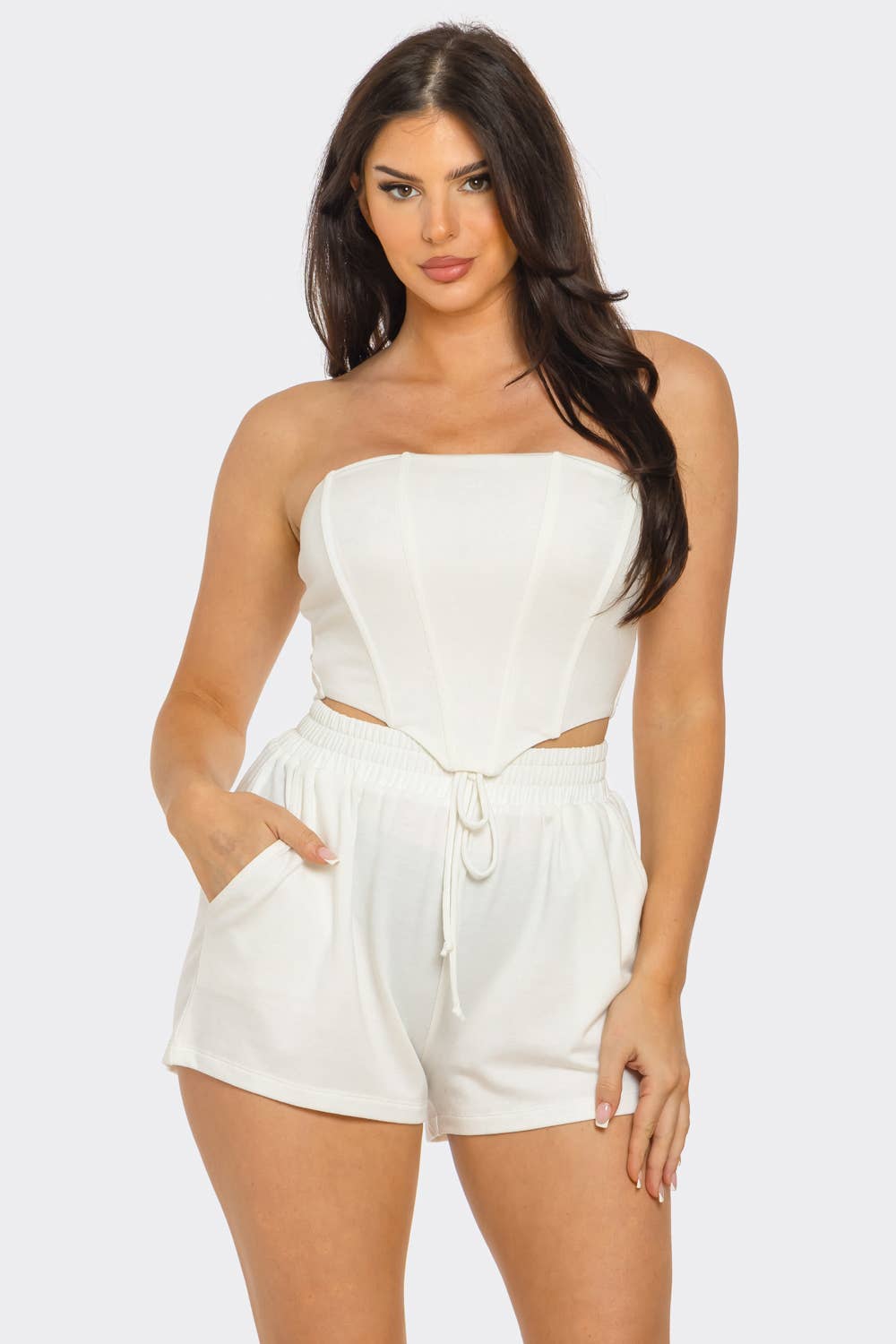 Boned Bodice Corset Style Tube Top And Shorts Set: Blue / 2-2-2 (S-M-L)