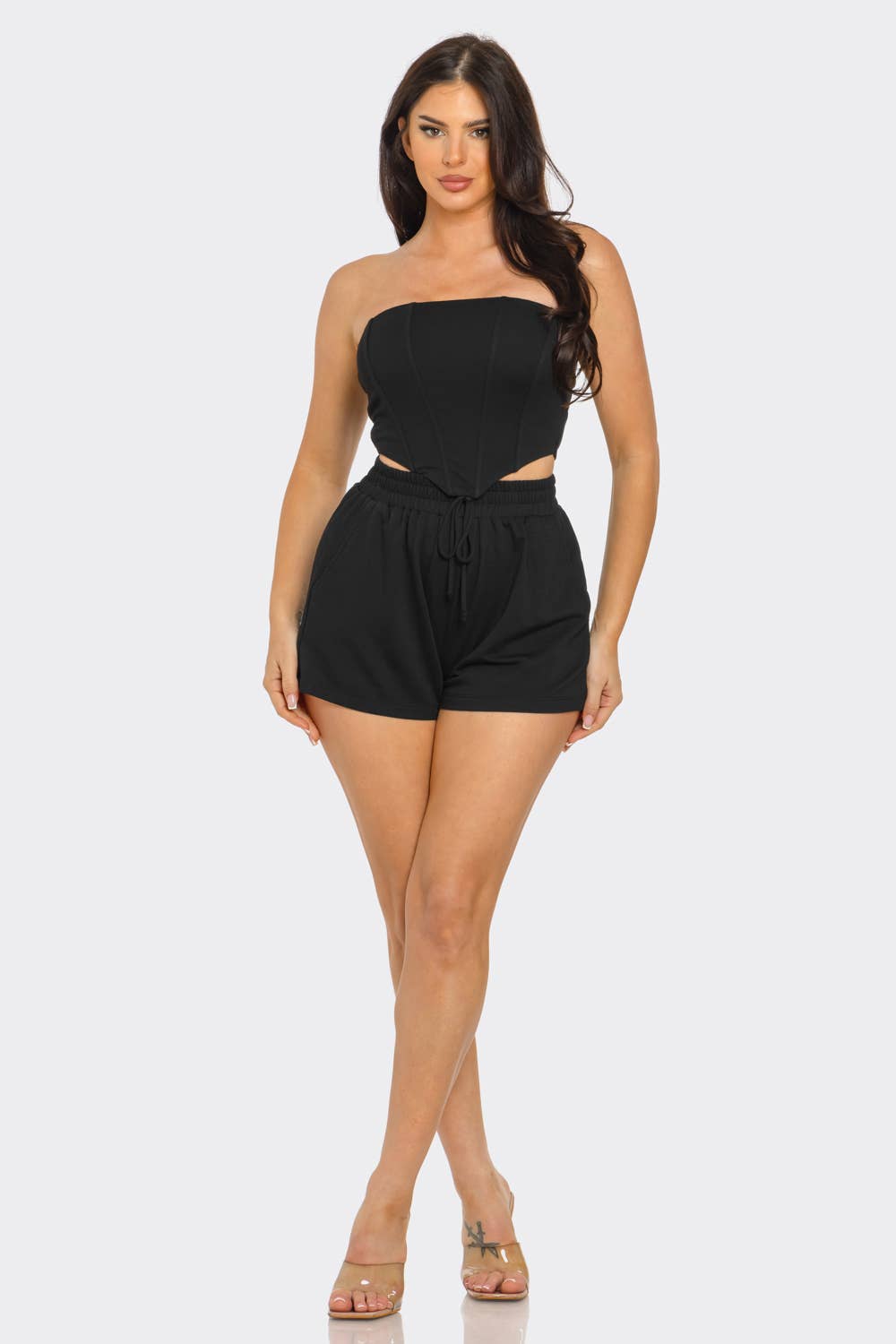 Boned Bodice Corset Style Tube Top And Shorts Set: Lt Pink / 2-2-2 (S-M-L)