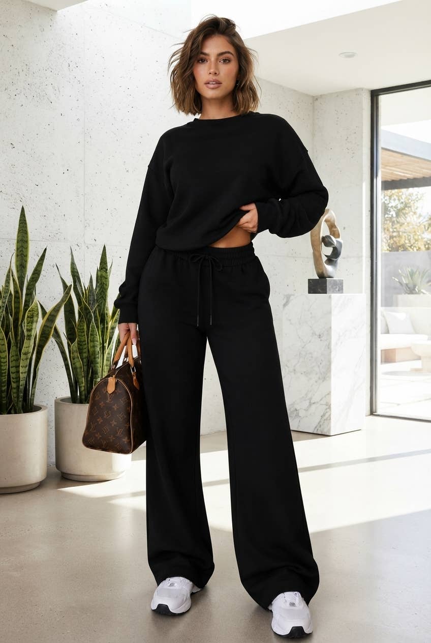 Black Wide-Leg Sweatshirt & Sweatpants Lounge Set