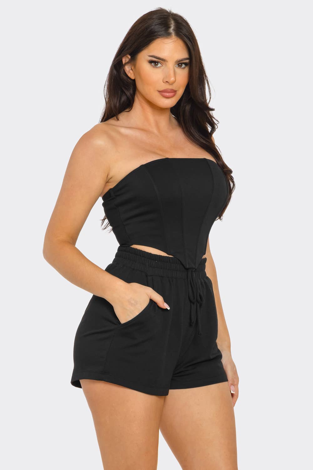 Boned Bodice Corset Style Tube Top And Shorts Set: Lt Pink / 2-2-2 (S-M-L)